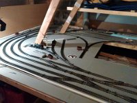 Locos parked  Loco storage and the wye.  Starting to get points motors in place and wired up.